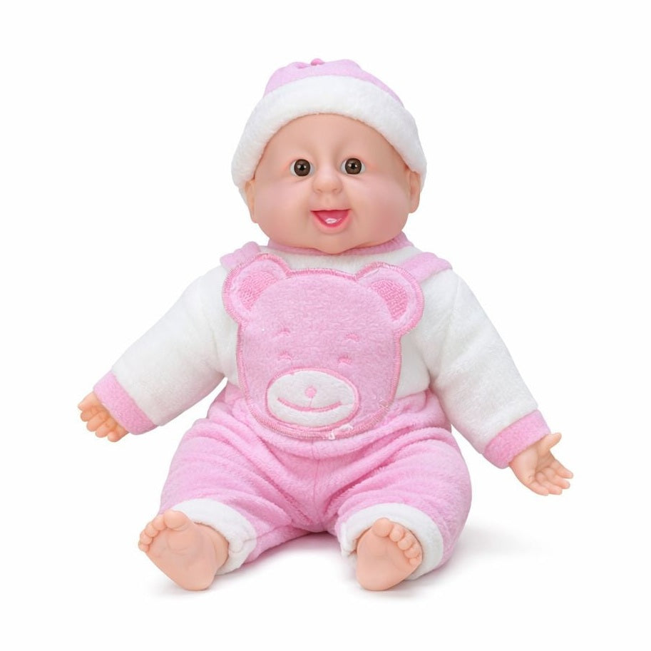 Bebelus adorabil interactiv 45 cm, rade, costum roz cu ursulet, +3 ani