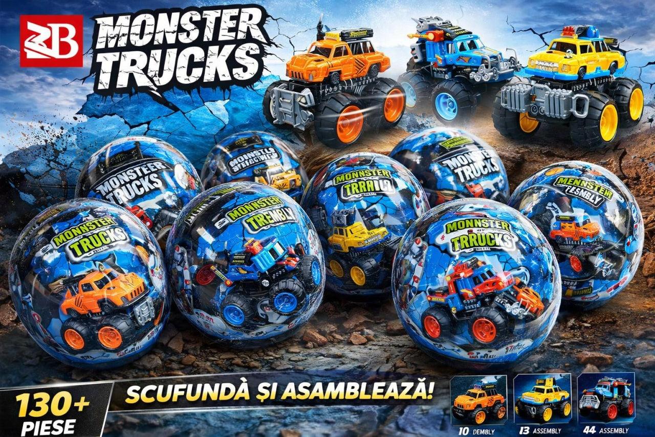 Bila Blindbox DIY Monster Truck cu masinuta surpriza, 12 cm, modele colectionabile