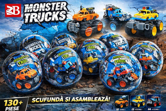 Bila Blindbox DIY Monster Truck cu masinuta surpriza, 12 cm, modele colectionabile