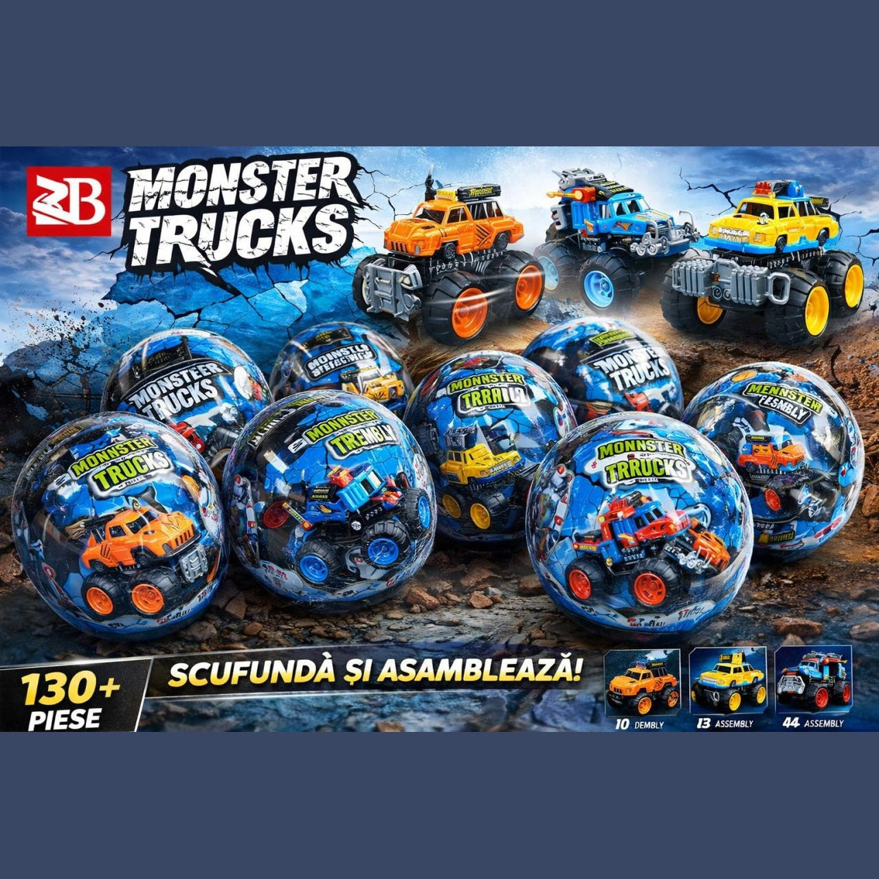 Bila Blindbox DIY Monster Truck cu masinuta surpriza, 12 cm, modele colectionabile