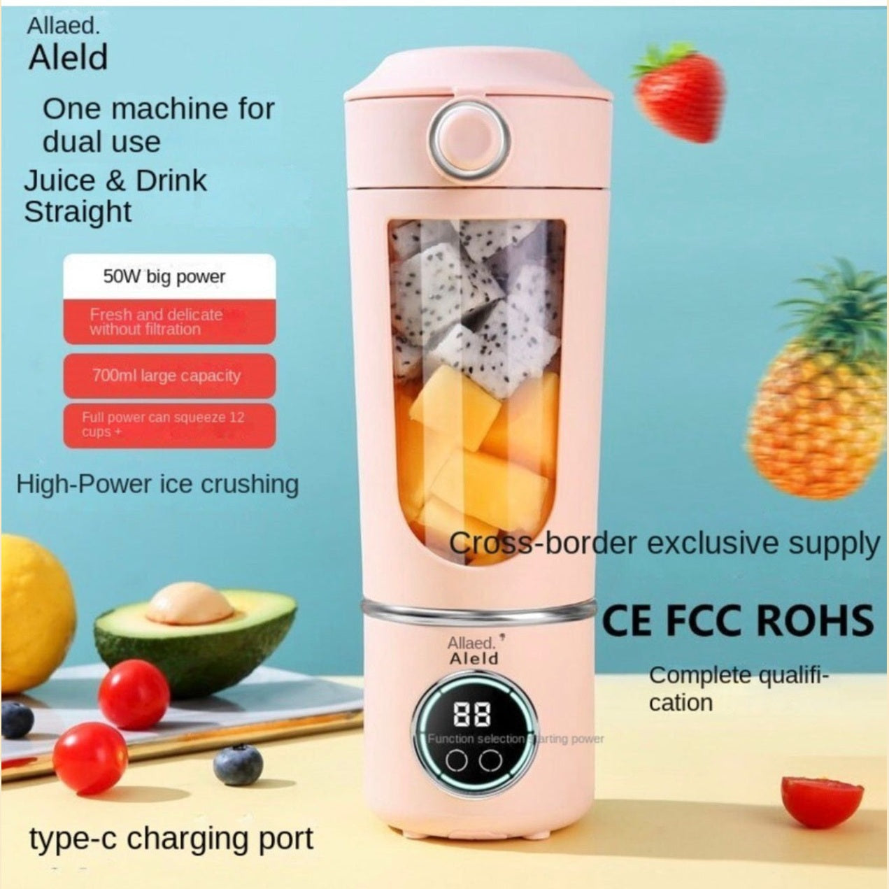 Blender portabil wireless 700ml cu 12 lame, 4 viteze si incarcare USB Type-C, mov