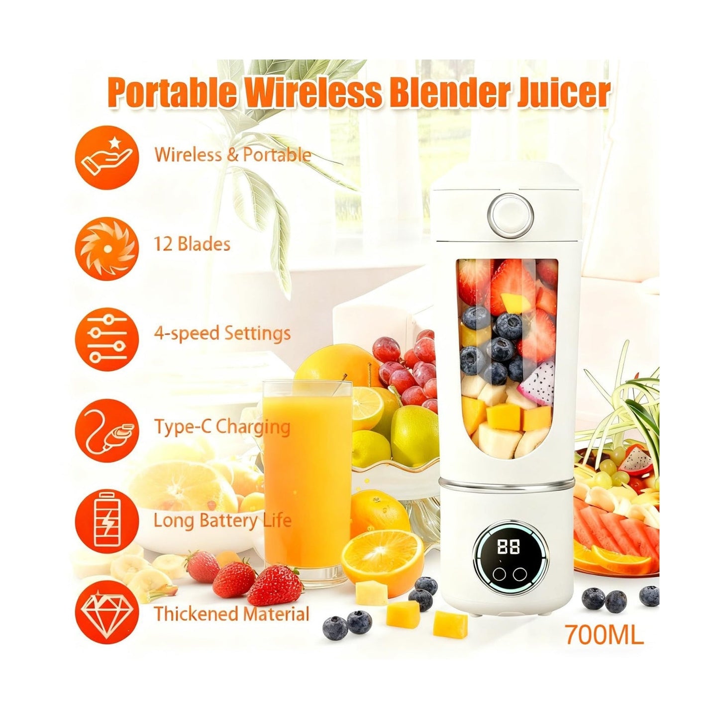 Blender portabil wireless 700ml cu 12 lame, 4 viteze si incarcare USB Type-C, roz
