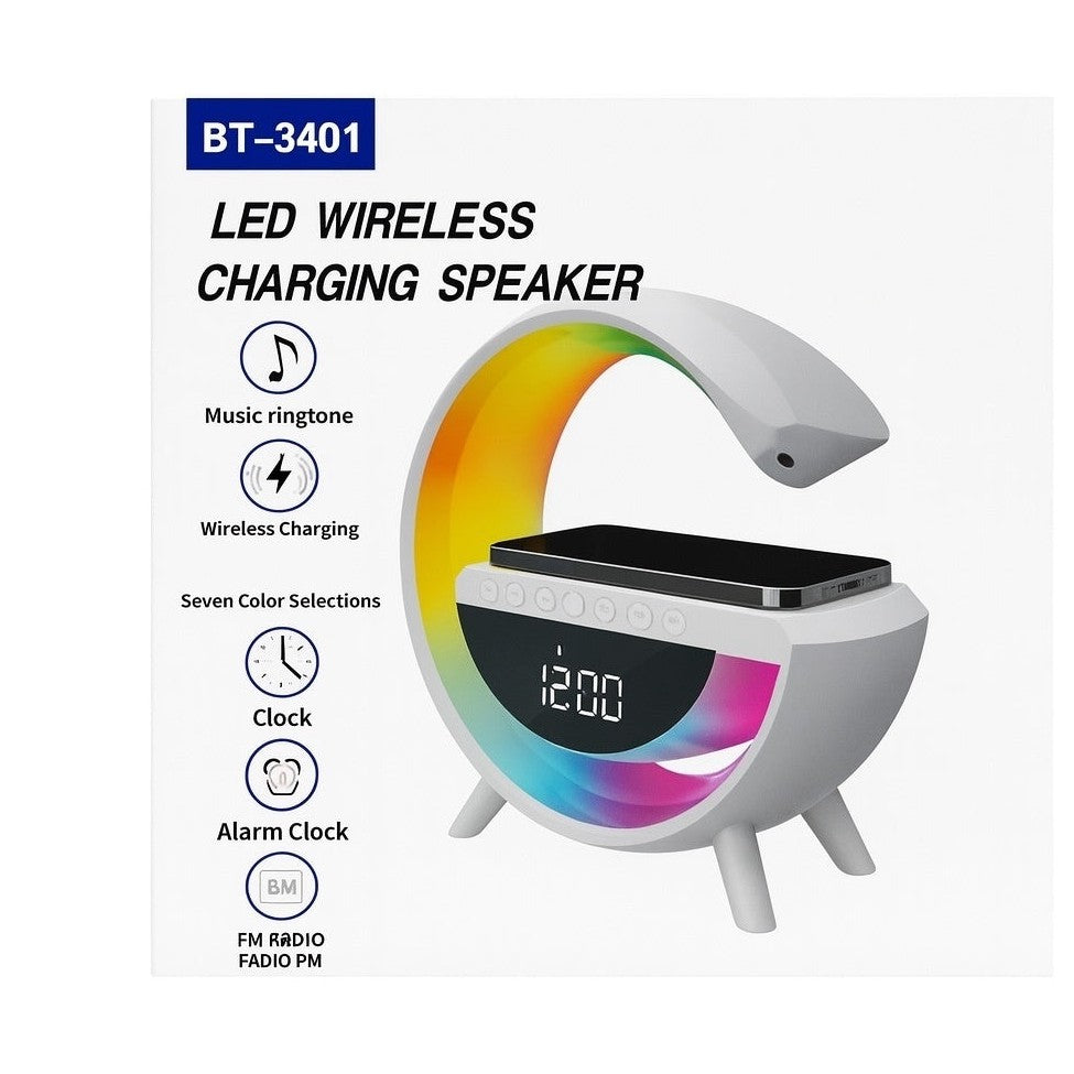 Boxa LED BT-3401 cu incarcare wireless, ceas digital si alarma, RGB 7 culori