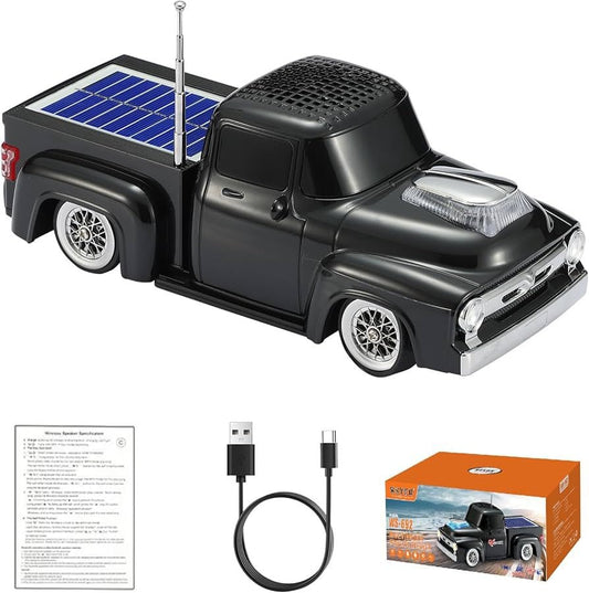 Boxa portabila Bluetooth masina vintage, radio FM, panou solar, USB, TF, lumini LED, negru
