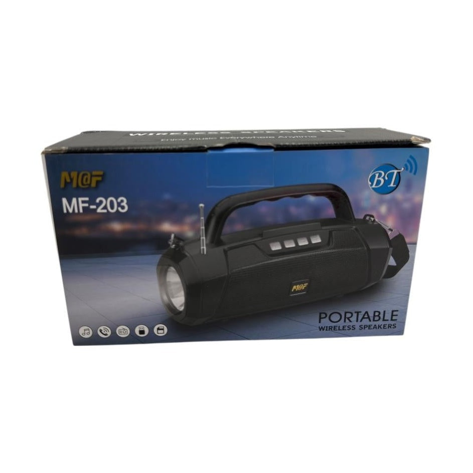 Boxa portabila Bluetooth MF-203 LED, 2x5W, baterie 1200mAh, radio FM, TF, AUX, USB, negru, difuzoare 52mm,