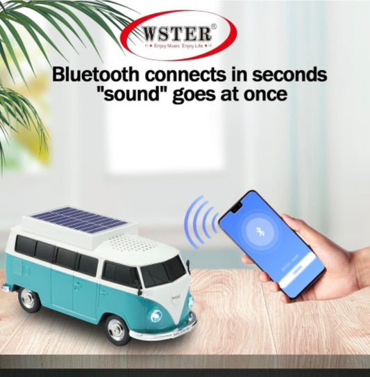 Boxă portabilă Bluetooth WSTER în formă de microbuz retro, cu încărcare solară, turcoaz