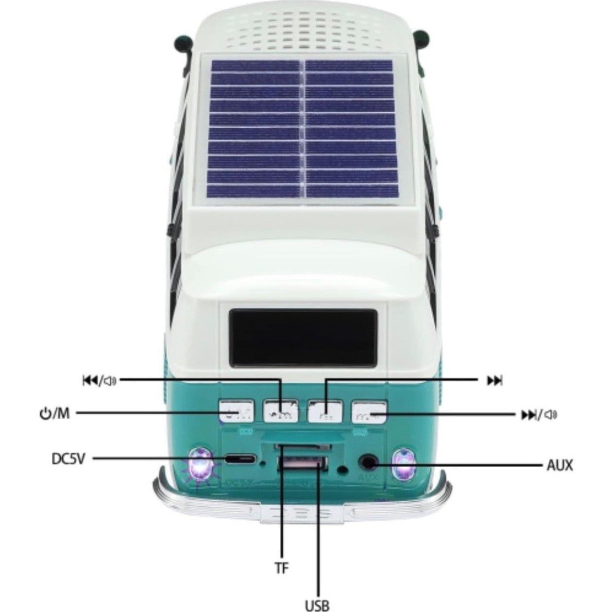 Boxă portabilă Bluetooth WSTER în formă de microbuz retro, cu încărcare solară, turcoaz