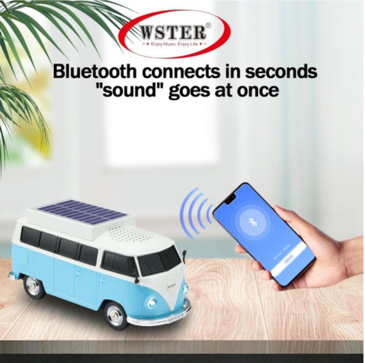 Boxă portabilă Bluetooth WSTER în formă de microbuz retro, cu încărcare solară, albastru