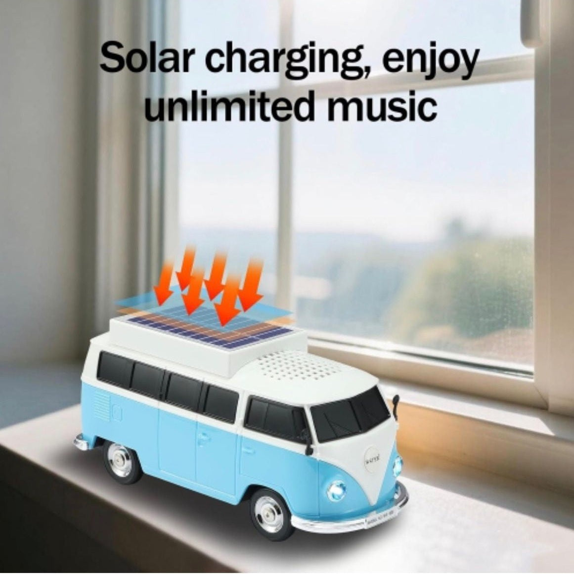 Boxă portabilă Bluetooth WSTER în formă de microbuz retro, cu încărcare solară, albastru