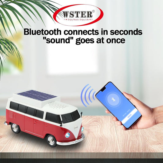 Boxă portabilă Bluetooth WSTER în formă de microbuz retro, cu încărcare solară, rosu