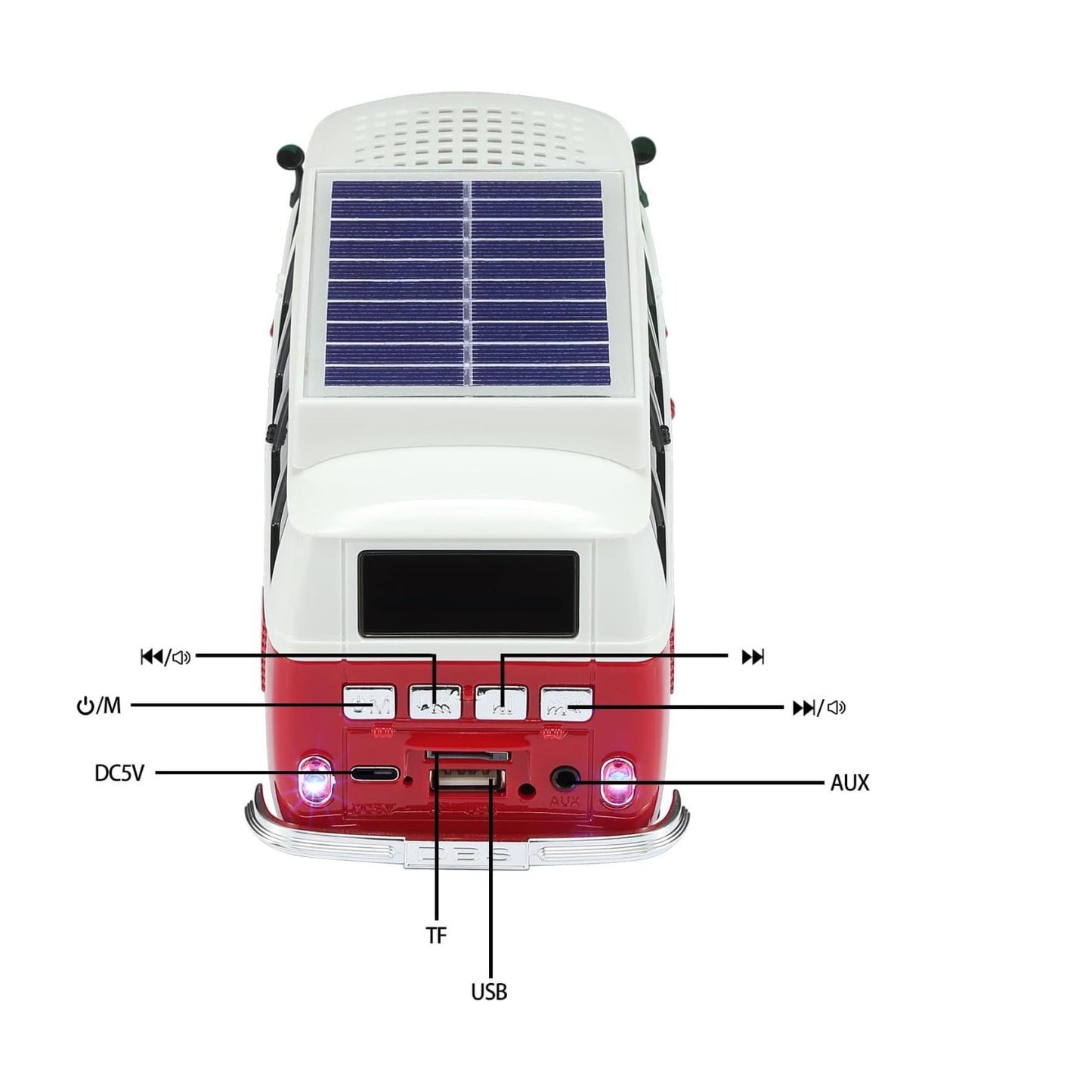 Boxă portabilă Bluetooth WSTER în formă de microbuz retro, cu încărcare solară, rosu