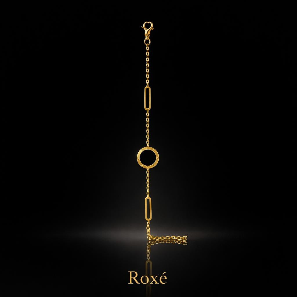 Brățară aurie Roxé cu cerc negru și elemente geometrice, inoxidabil 16+4.5 cm