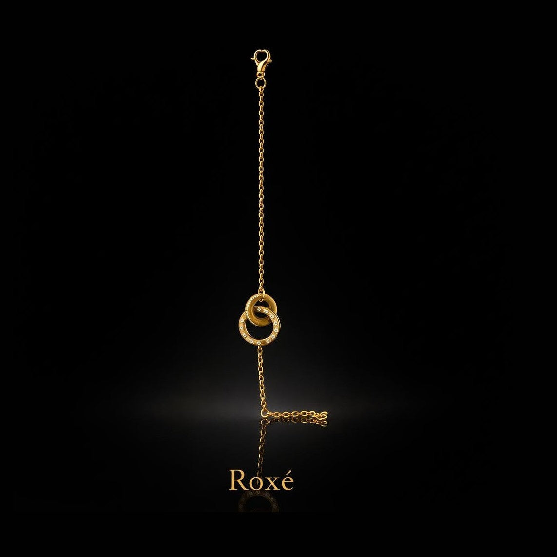 Brățară aurie Roxé cu cercuri interconectate și zirconii, inoxidabil 17+4.5 cm