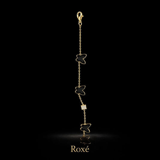 Bratara aurie Roxé cu fluturi negri si cristale, reglabila 16.5+3.5 cm