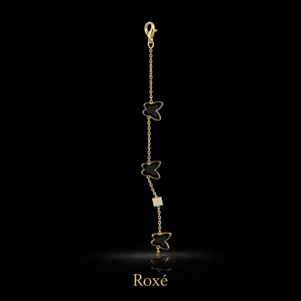 Bratara aurie Roxé cu fluturi negri si cristale, reglabila 16.5+3.5 cm