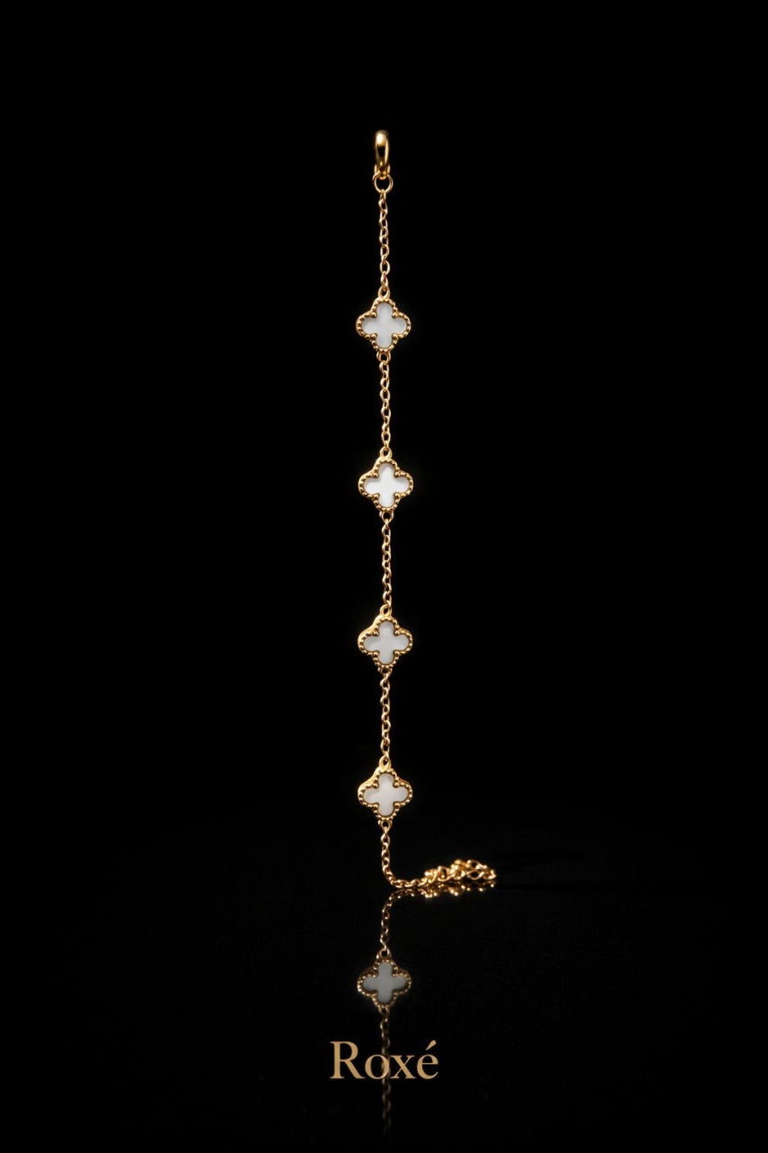 Brățară aurie Roxé cu simboluri albe elegante, reglabilă 18+5 cm