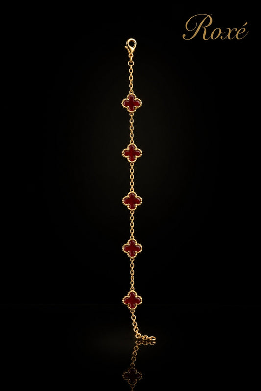 Brățară aurie Roxé cu simboluri bordo elegante, reglabilă 18+5 cm