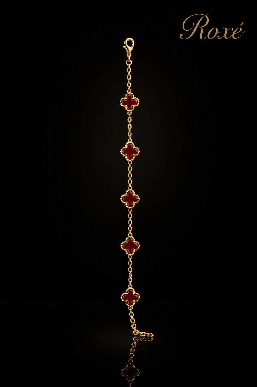 Brățară aurie Roxé cu simboluri bordo elegante, reglabilă 18+5 cm