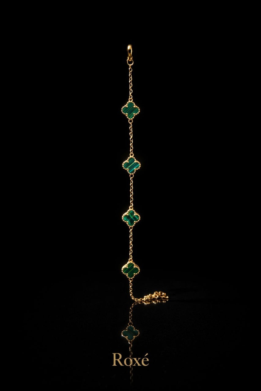 Brățară aurie Roxé cu simboluri verzi elegante, reglabilă 18+5 cm