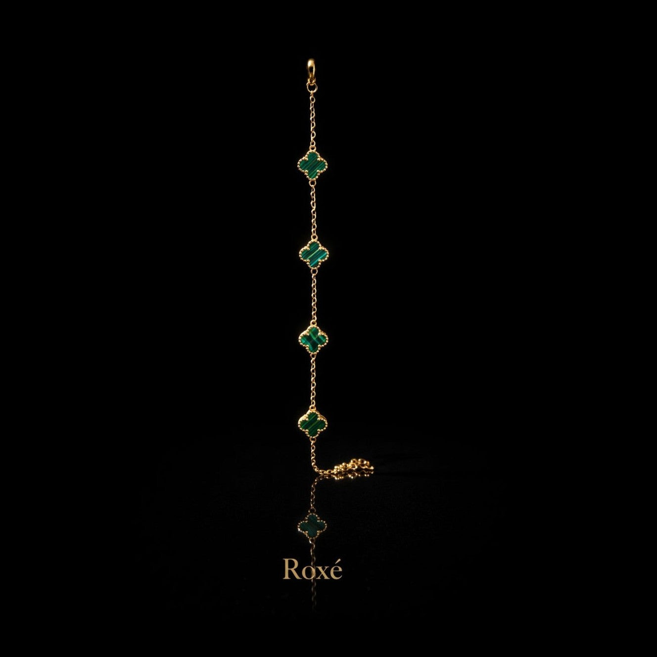 Brățară aurie Roxé cu simboluri verzi elegante, reglabilă 18+5 cm