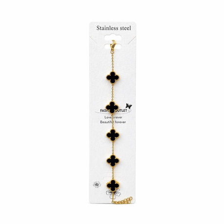 Brățară aurie Roxé cu trifoi negru elegant, inoxidabil, reglabilă 18+6.5 cm