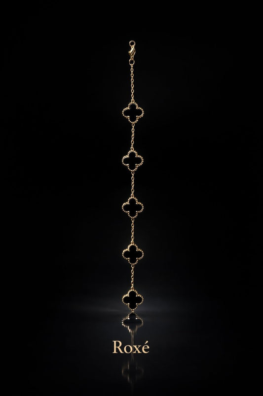 Brățară aurie Roxé cu trifoi negru elegant, inoxidabil, reglabilă 18+6.5 cm