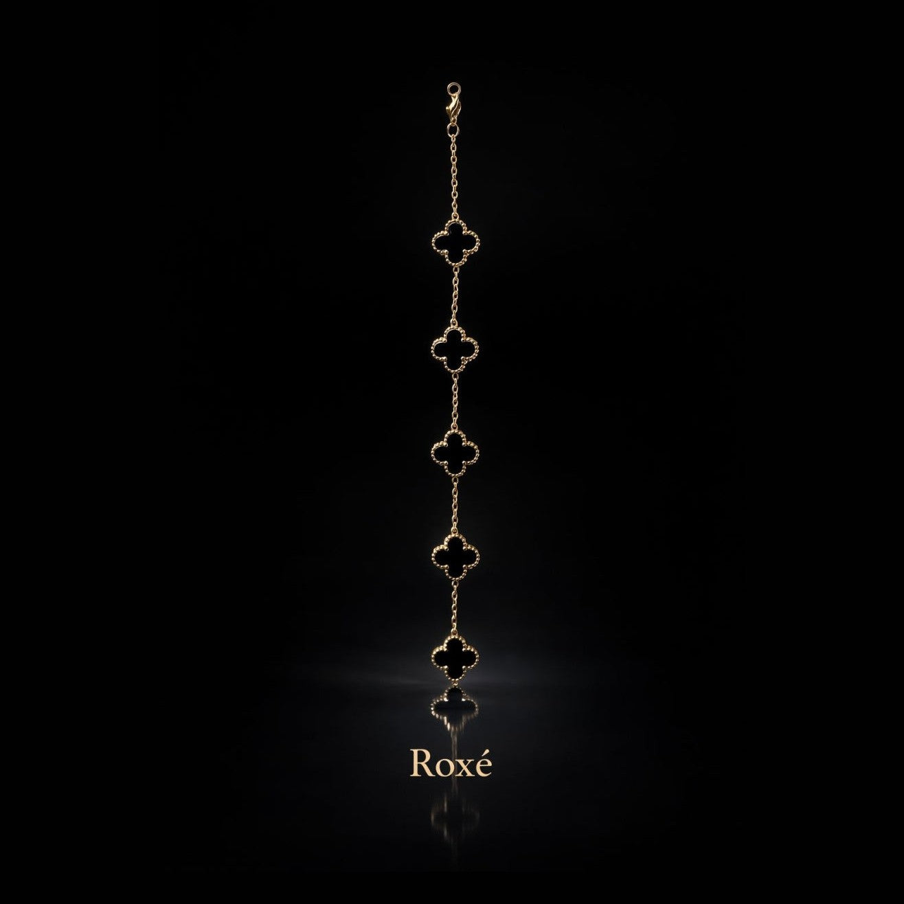 Brățară aurie Roxé cu trifoi negru elegant, inoxidabil, reglabilă 18+6.5 cm