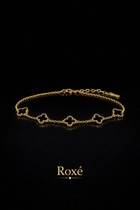 Bratara aurie Roxé cu trifoi negru elegant, reglabila 18+5 cm