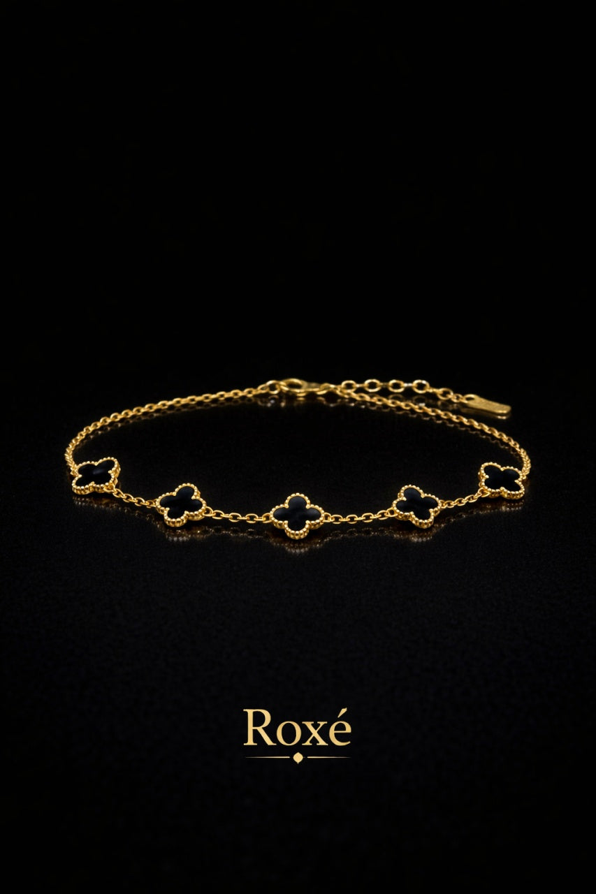 Bratara aurie Roxé cu trifoi negru elegant, reglabila 18+5 cm