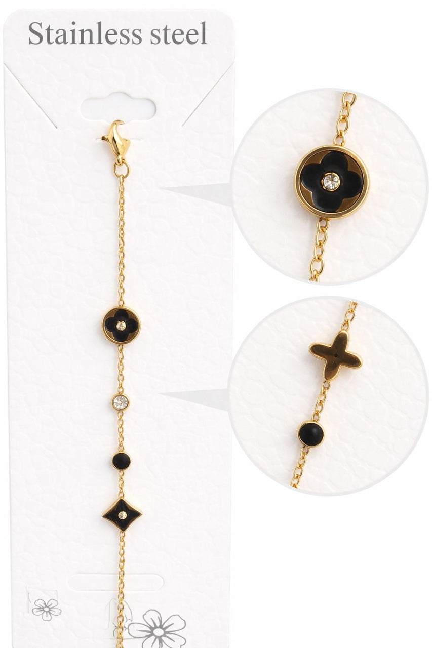 Bratara aurie Roxé cu trifoi negru si cristale, reglabila 16.5+2 cm