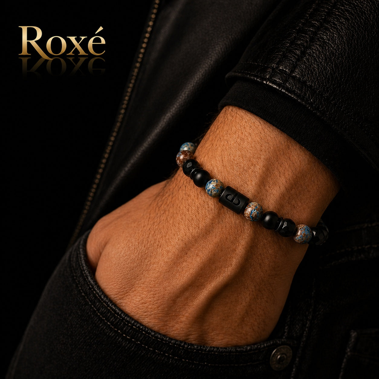 Bratara barbati Roxe zodia Berbec elastica cu margele negre si multicolor