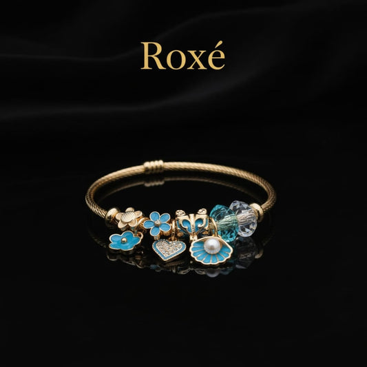 Bratara dama ROXE aurie cu charmuri flori si scoica, model elegant cu cristale