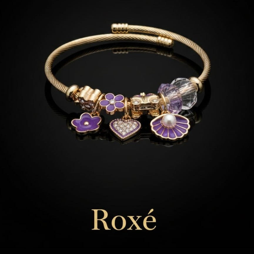 Bratara dama ROXE aurie cu charmuri flori si scoica, model elegant cu cristale
