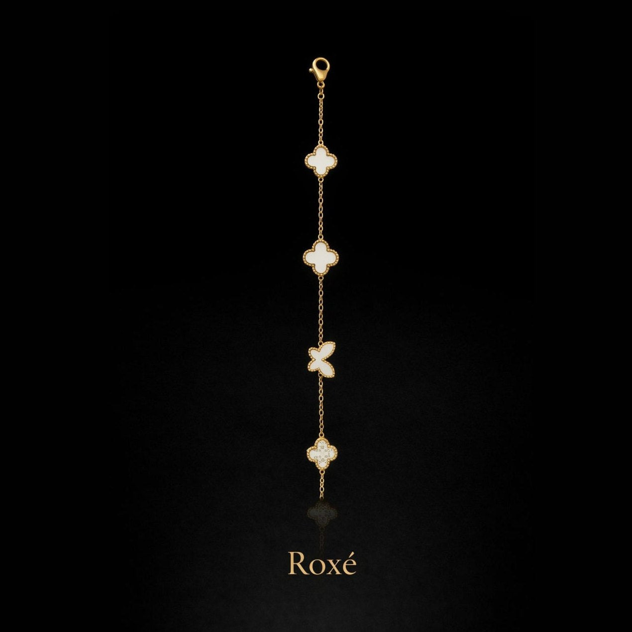 Bratara premium aurie ROXE cu flori delicate si fluture, reglabila 17+4 cm