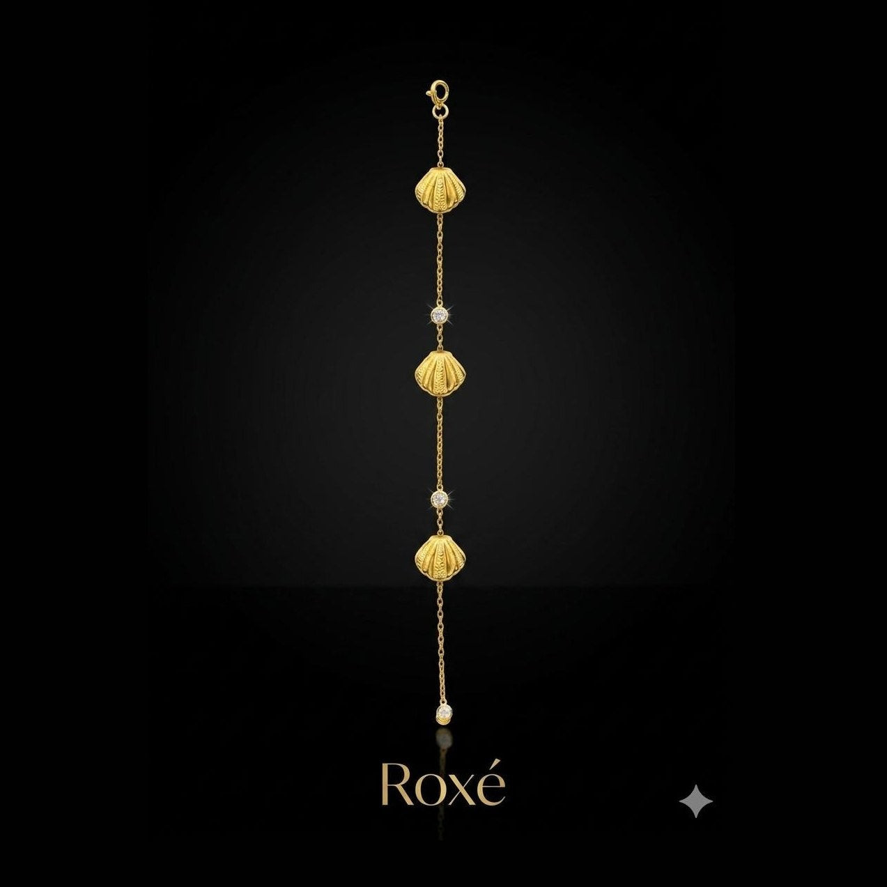 Bratara premium aurie ROXE cu scoici elegante si cristale fine, reglabila 17.5+5 cm