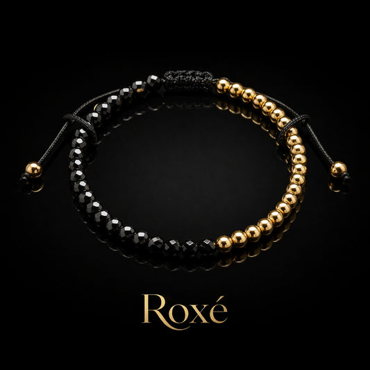 Bratara reglabila barbati Roxe margele negre fatetate aurii design elegant