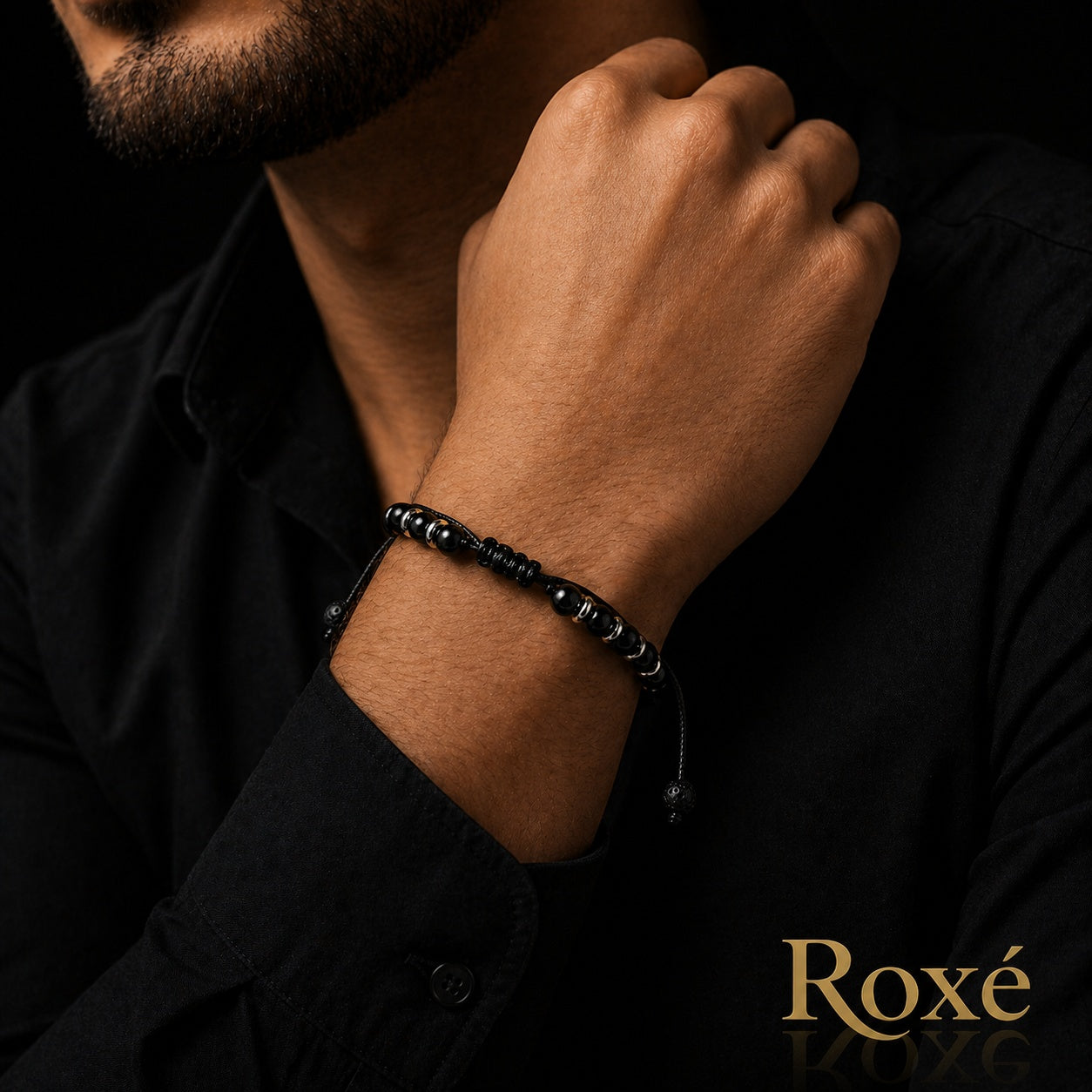 Bratara reglabila Roxe barbati neagra cu insertii argintii design minimalist elegant