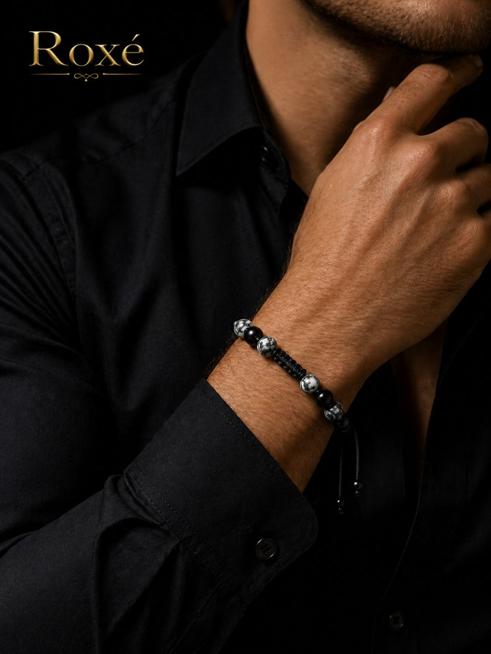 Bratara reglabila Roxe barbati negru cu alb design modern elegant premium