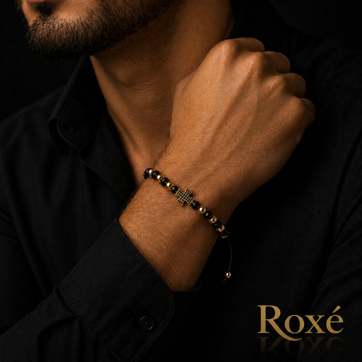 Bratara reglabila Roxe barbati negru si auriu cu cruce design elegant premium