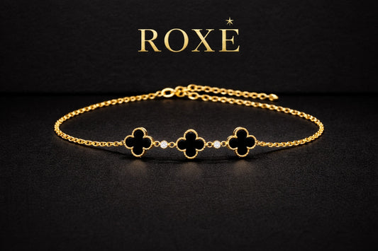 Brățară ROXE – model trifoi negru & cristale, design elegant, reglabil