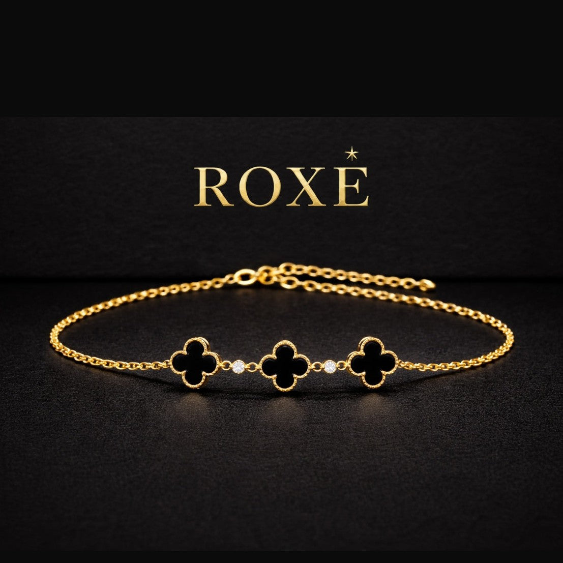 Brățară ROXE – model trifoi negru & cristale, design elegant, reglabil