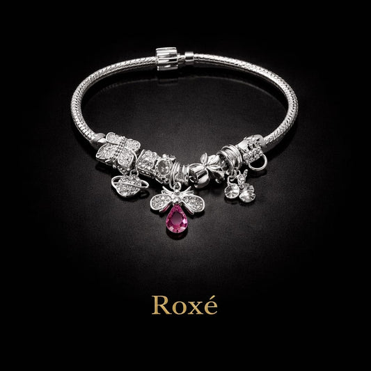 Bratara ROXE argintie cu albinuta charmuri elegante si cristale culori mixte