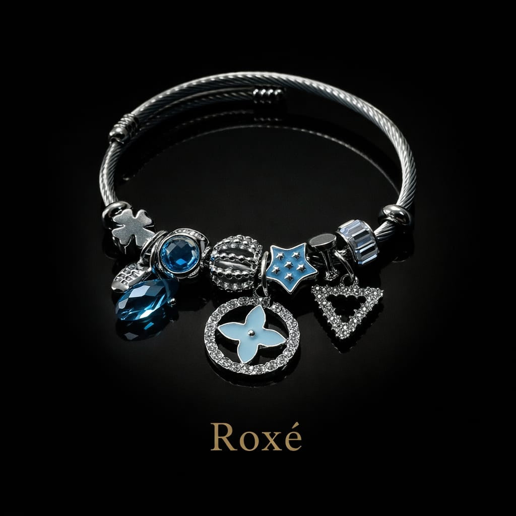 Bratara ROXE argintie cu charmuri elegante si cristale culori mixte