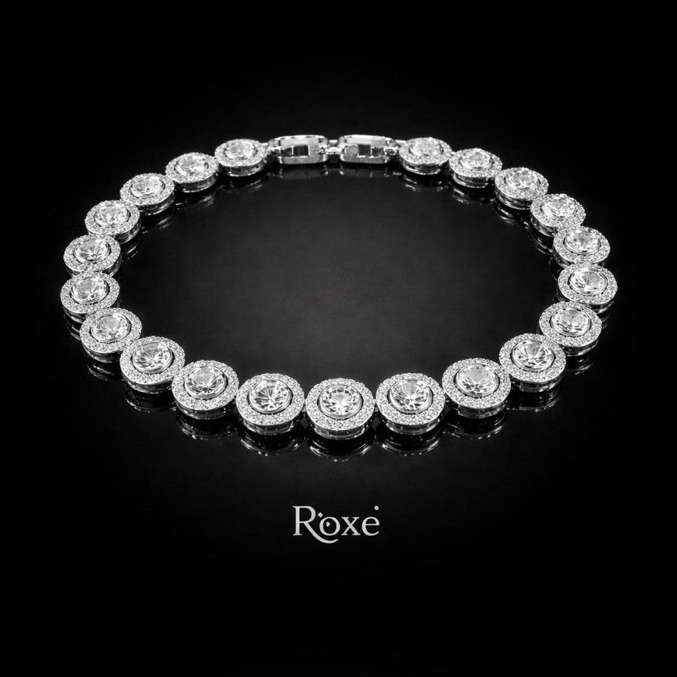 Bratara ROXE argintie cu cristale rotunde stralucitoare, design elegant, 19 cm