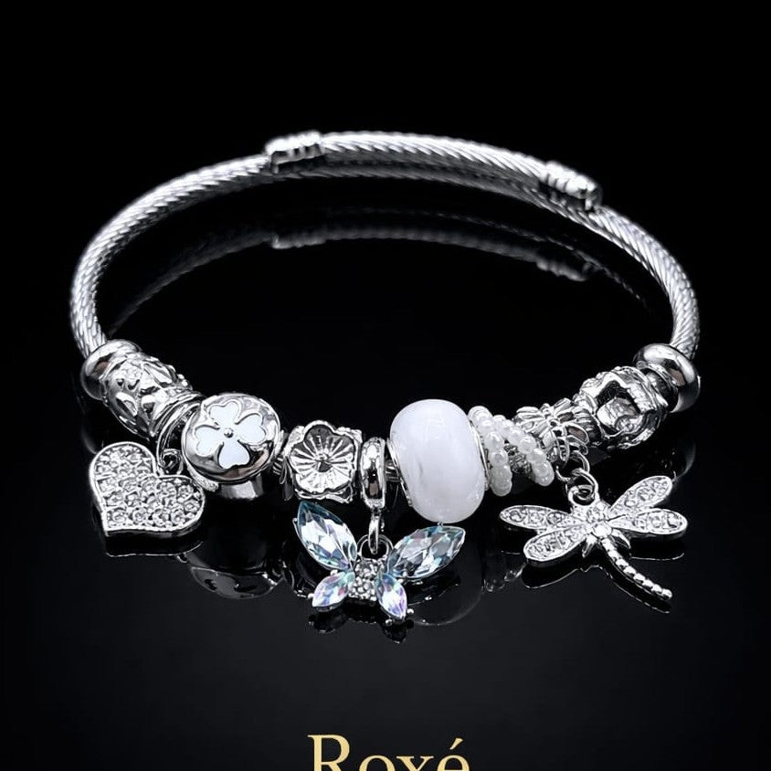 Bratara ROXE argintie cu fluture libelula si inimioara charmuri elegante