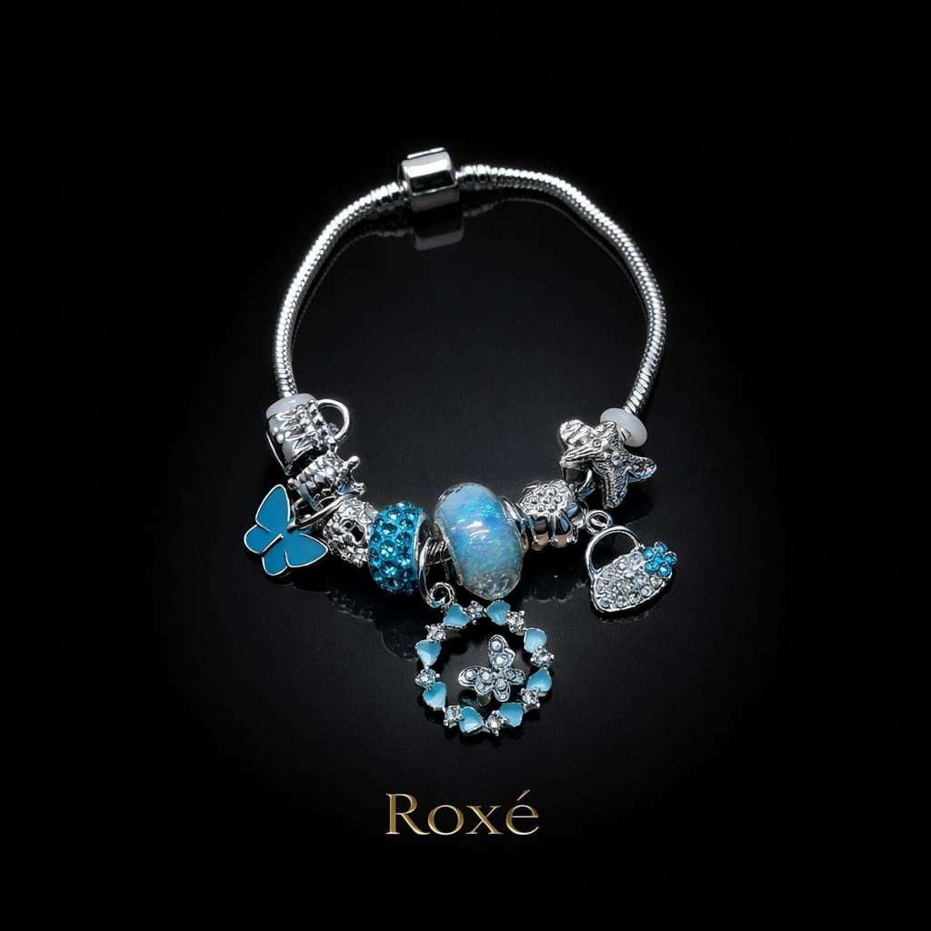 Bratara ROXE argintie cu fluture si posetuta charmuri elegante dama