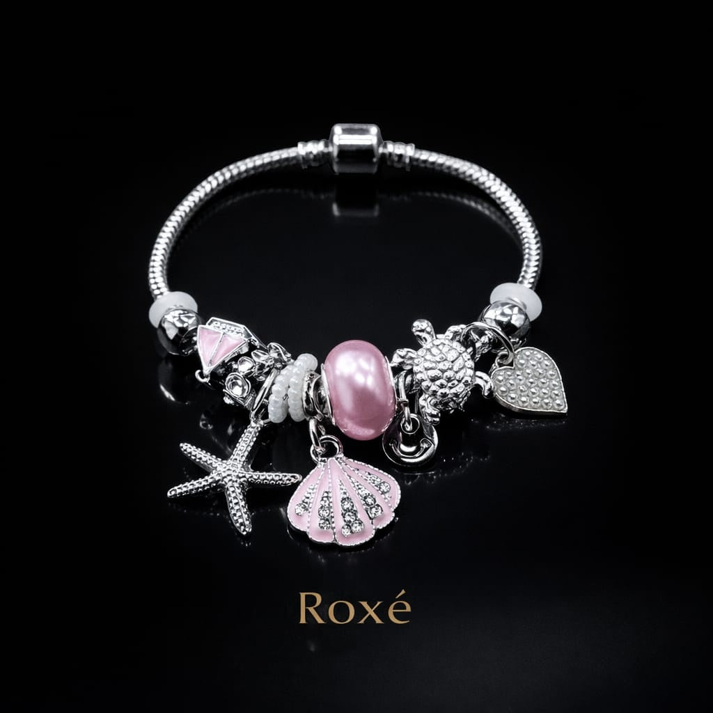 Bratara ROXE argintie cu stea de mare scoica si testoasa charmuri elegante