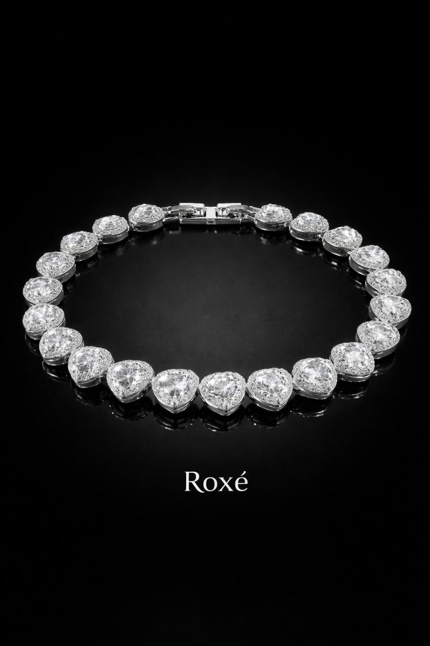 Bratara ROXE argintie eleganta cu inimioare din cristale stralucitoare, design romantic premium, 20 cm