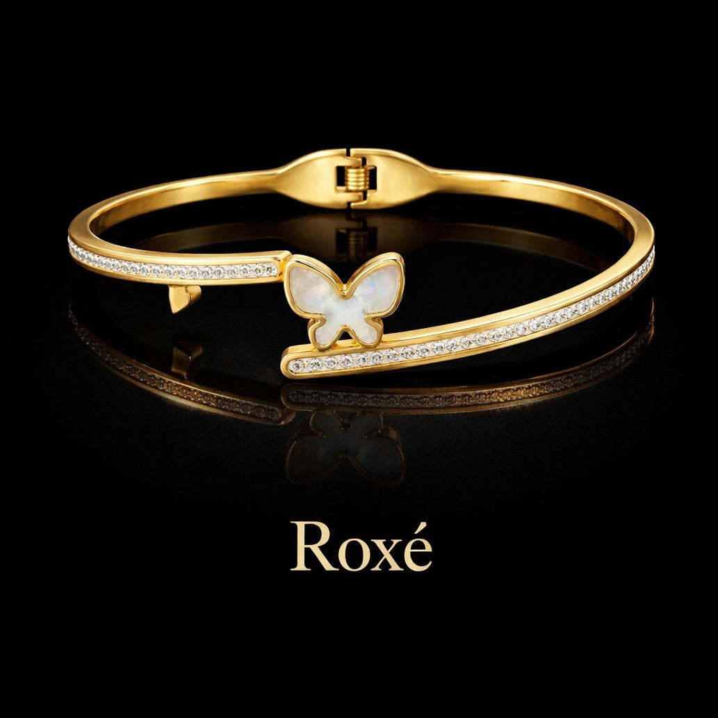 Bratara ROXE aurie cu fluture si cristale stralucitoare design elegant inchidere fixa