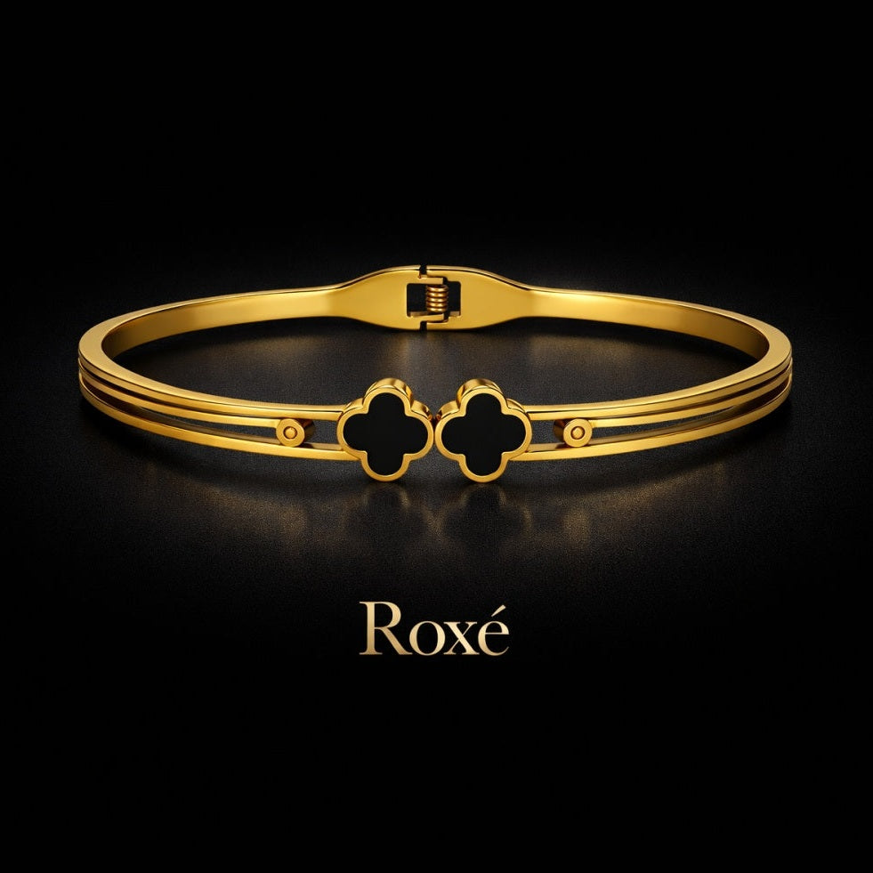 Bratara ROXE aurie cu model trifoi negru design elegant inchizatoare fixa